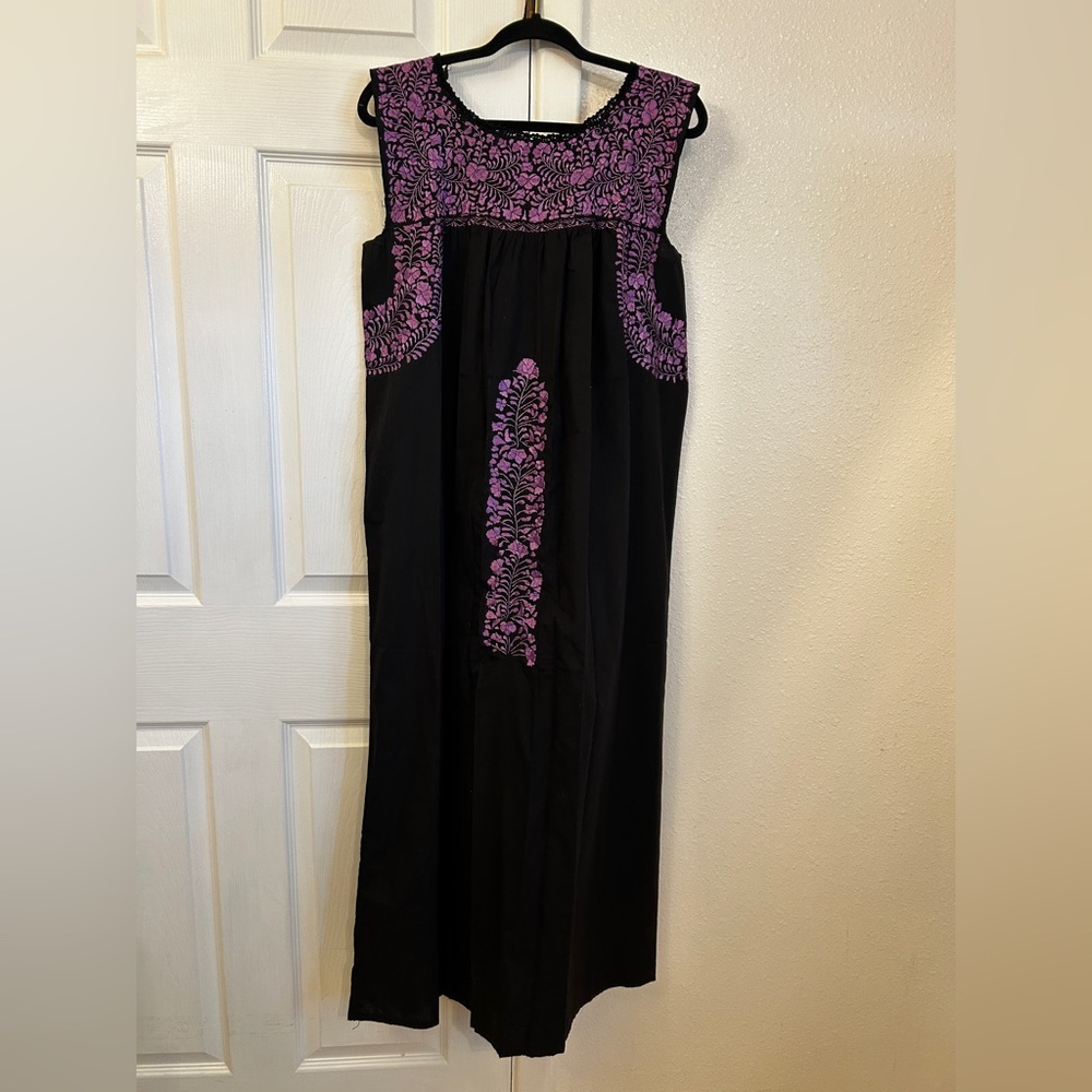 San Antonino Oaxaca Mexican Maxi Dress Hand Embroidered Black Purple